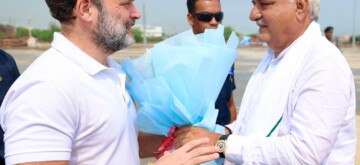 Karnal: Former Haryana Chief Minister Bhupinder S. Hooda welcomes Leader of the Opposition Rahul Gandhi on his arrival in Karnal on Thursday, September 26, 2024. (Photo: IANS)