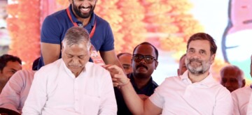 Hisar: Wrestler Bajrang Punia meets Leader of Opposition Rahul Gandhi during a public meeting in Barwala, Hisar, on Thursday, September 26, 2024. (IANS)