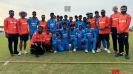 Pondicherry: India U-19 team celebrates their 3-0 victory in the Youth ODI series against Australia U-19 at Cricket Association Puducherry Siechem Ground in Pondicherry on Thursday, September 26, 2024. (IANS)