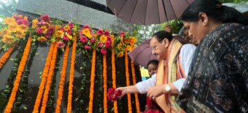 Bhubaneshwar: Odisha Chief Minister Mohan Charan Manjhi, along with Union Minister J P Nadda, pays tribute to the statue of Dr. B.R. Ambedkar, at AG Street in Bhubaneswar on Thursday, September 26, 2024. (Photo: IANS)