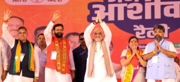 Ambala : Union Home Minister and Senior BJP leader Amit Shah with Haryana Chief Minister Nayab Singh Saini during a public meeting for the Haryana Assembly Elections in Ambala on Friday, September 27, 2024. (IANS)