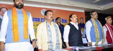 Patna: BJP National President J.P. Nadda attends a party workers meeting at the state office in Patna on Saturday, September 28, 2024. Bihar BJP President Dilip Jaiswal, Deputy Chief Minister Samrat Choudhary and BJP General secretary also seen. (Photo: IANS)