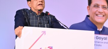 Noida: Union Minister Piyush Goyal addresses the UP International Trade Show in Noida on Saturday, September 28, 2024. (Photo: IANS)