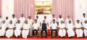 Chennai: Tamil Nadu Governor R.N. Ravi, Chief Minister M.K. Stalin, Deputy Chief Minister Udhayanidhi Stalin, and state ministers pose for photos after the swearing-in ceremony of the newly inducted ministers at Raj Bhavan in Chennai on Sunday, September 29, 2024. (Photo: IANS)