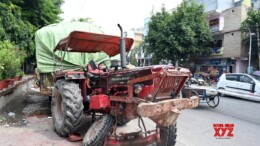 Noida: A damaged tractor involved in a fatal road accident that claimed four lives and left one person injured, after a car collided with it in Sector 24, Noida late Sunday night, seen in Noida on Monday, September 30, 2024. (Photo: IANS)