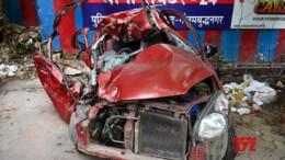 Noida: A damaged car involved in a fatal road accident that claimed four lives and left one person injured, after a tractor collided with it in Sector 24, Noida late Sunday night, seen in Noida on Monday, September 30, 2024. (Photo: IANS)