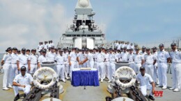 New Delhi : Crew members of the Indian Navy's INS Kochi celebrate the 9th anniversary of the P15A class destroyer with a ceremonial cake-cutting on the ship's deck on Tuesday, October 01, 2024. (Photo: IANS)