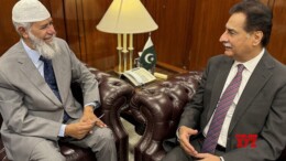 Islamabad: Controversial Islamic preacher Zakir Naik meets Pakistan National Assembly Speaker Sardar Ayaz Sadiq during his visit to the National Assembly of the Islamic Republic of Pakistan at Parliament House in Islamabad on Tuesday, October 01, 2024. (Photo: IANS)