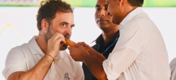 Sonipat: Congress MP Deepender S Hooda feeds Leader of Opposition in Lok Sabha, Rahul Gandhi, the famous Mathuram's Jalebi as a sweet treat during an election campaign at Gohana in Sonipat on Tuesday, October 01, 2024. (Photo: IANS)