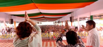 Jind: Congress MP Deepender Singh Hooda, along with Congress General Secretary Priyanka Gandhi Vadra and Congress candidate Vinesh Phogat, during the election campaign in Julana Assembly ahead of the Haryana Assembly election in Jind on Wednesday, October 2, 2024. (Photo: IANS)