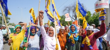 Barwala: AAP supporters raise slogans as Delhi Chief Minister Atishi holds a roadshow in support of party candidate Chhatarpal ahead of the Haryana Assembly Elections on Thursday, October 3, 2024. (Photo: IANS)