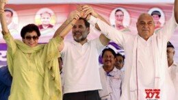 Ambala: LoP Rahul Gandhi with MP Selja Kumari and former Haryana CM Bhupinder Singh Hooda during an election campaign rally ahead of the Haryana Assembly election at Hudda Ground, Narayangarh, in Ambala on Monday, September 30, 2024. (Photo: IANS)