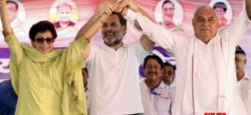 Ambala: LoP Rahul Gandhi with MP Selja Kumari and former Haryana CM Bhupinder Singh Hooda during an election campaign rally ahead of the Haryana Assembly election at Hudda Ground, Narayangarh, in Ambala on Monday, September 30, 2024. (Photo: IANS)