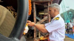 Kolkata: The third 25T Bollard Pull (BP) Tug, Ashva (Yard 337), is launched by Cmde Ajay Yadav, NOIC (WB), at M/s Titagarh Rail Systems Limited in Kolkata on Thursday, October 3, 2024. (IANS)