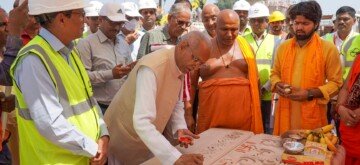 Ayodhya: The first shila of the shikhar of the Shri Ram Janmabhoomi Mandir is worshipped and placed on the first day of Sharadeeya Navratri in Ayodhya on Thursday, October 3, 2024. (Photo: IANS)