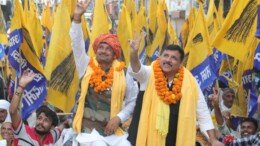 Jind: AAP leader Sanjay Singh holds a roadshow in support of party candidate Pawan Fauji ahead of Haryana Assembly Elections in Jind district of Haryana on Thursday, October 3, 2024. (Photo: IANS)