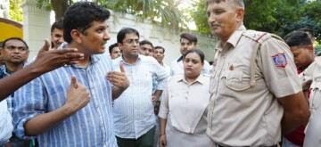 New Delhi: Delhi Minister Saurabh Bhardwaj, along with AAP MLAs and party workers, stages a protest outside the Raj Niwas, the Lieutenant Governor's residence, over the issue of reinstatement of bus marshals in New Delhi on Saturday, October 5, 2024. (Photo: IANS/@AamAadmiParty)