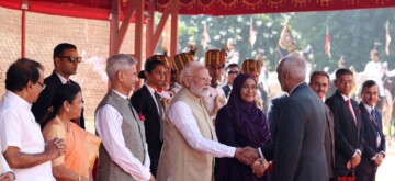 New Delhi: Maldives President Mohamed Muizzu, First Lady Sajidha Mohamed, President Droupadi Murmu, and Prime Minister Narendra Modi during the ceremonial reception at Rashtrapati Bhawan in New Delhi on Monday, 07 October 2024. External Affairs Minister S. Jaishankar also present. (Photo: IANS)