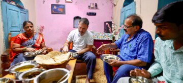 Kolhapur: Leader of Opposition Rahul Gandhi visits the residence of Ajay Tukaram Sanade, who belongs to the Dalit community, to share a meal with his family in Kolhapur, Maharashtra, on Monday, 7 October 2024. (Photo: IANS)