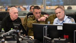 Israeli Defense Minister Yoav Gallant (1st L, front), Israel's military chief Herzi Halevi (C) and other officers are seen at an Israeli Air Force's command room during the airstrike targeting Hezbollah's headquarters in Israel, on Sept. 27, 2024. The Israel Defense Forces announced on Saturday the killing of Hassan Nasrallah, the leader of the Lebanese militant group Hezbollah, following Israel's airstrikes on the southern suburbs of Beirut. (IANS/Xinhua)