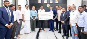 Chennai: Tamil Nadu Deputy Udhay Stalin receives donation from MD and CEO of Tata Power Renewable Energy Limited (TRPEL) Deepesh Nanda for the Tamil Nadu Champions Foundation in Chennai on Wednesday, October 09, 2024. (Photo: IANS)