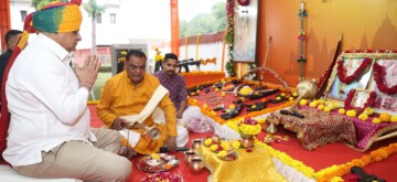 Gandhinagar: Gujarat Chief Minister Bhupendra Patel performs Shastra Puja on the occasion of the Dussehra festival at Gandhinagar on Saturday, October 12, 2024. (Photo: IANS)