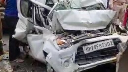 Kanpur: Wreckage of a car after a tragic accident near Panki Bhouti, where a speeding truck collided with the vehicle, resulting in the deaths of five people, including four students from the Pranveer Singh Institute of Technology in Kanpur on Monday, October 14, 2024. (Photo: IANS)