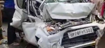 Kanpur: Wreckage of a car after a tragic accident near Panki Bhouti, where a speeding truck collided with the vehicle, resulting in the deaths of five people, including four students from the Pranveer Singh Institute of Technology in Kanpur on Monday, October 14, 2024. (Photo: IANS)