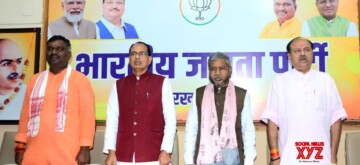 Ranchi: BJP State President Babulal Marandi, along with Union Minister Shivraj Singh Chouhan, Leader of Opposition Amar Bauri, and other party leaders, chairs the Election Management Committee meeting at the party's state office in Ranchi on Monday, October 14, 2024. (Photo: IANS)