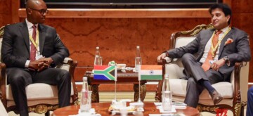 New Delhi: Union Minister for Communications Jyotiraditya M. Scindia meets South Africa Minister of Communications and Digital Technologies, Solly Malatsi in New Delhi on Monday, October 14, 2024. (Photo: IANS)