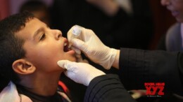 (240902) -- AL-MAGHAZI REFUGEE CAMP, Sept. 2, 2024 (Xinhua) -- A boy receives a dose of the polio vaccine in the Al-Maghazi refugee camp, central Gaza Strip, on Sept. 2, 2024. Initial reporting shows over 86,000 children in the central Gaza Strip received a polio vaccine on Sunday, the first day of the polio campaign in the coastal enclave, Director-General of the World Health Organization Tedros Adhanom Ghebreyesus said on social media platform X on Monday. (Photo by Marwan Dawood/Xinhua)