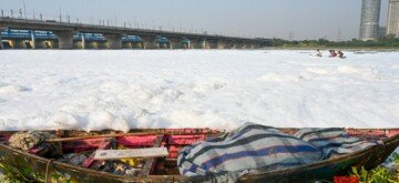 Noida: A toxic foam was seen floating on the Yamuna River in Noida on Friday, October 18, 2024. The air quality index in the national capital has dropped to 293, classified as "poor". (Photo: IANS)