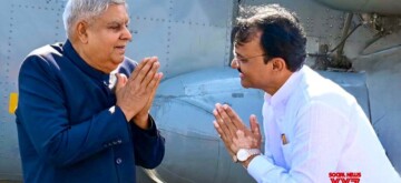 Sikar: Vice President Jagdeep Dhankhar receives a warm welcome by Rajasthan Deputy Chief Minister Prem Chand Bairwa on his arrival at Tarpura helipad in Sikar on Saturday, October 19, 2024. (Photo: IANS)