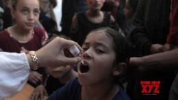 (241014) -- GAZA, Oct. 14, 2024 (Xinhua) -- A child receives a dose of the polio vaccine at a UN-run clinic in Deir al-Balah city, central Gaza Strip, on Oct. 14, 2024. Gaza-based health authorities said on Saturday that the second round of the polio vaccination campaign in the central Gaza Strip is scheduled to start on Monday for three or four days. (Photo by Rizek Abdeljawad/Xinhua)