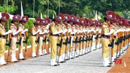 Raipur: Police personnel perform a ceremonial drill during the 'Police Memorial Day' at the Fourth Corps Chhattisgarh Armed Forces campus in Raipur on Monday, October 21, 2024. (Photo: IANS)