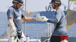 Pune: New Zealand's captain Tom Latham with teammate Devon Conway during a practice session ahead of the second Test match against India at Maharashtra Cricket Association Stadium in Pune on Tuesday, October 22, 2024. (Photo: IANS/@BLACKCAPS)