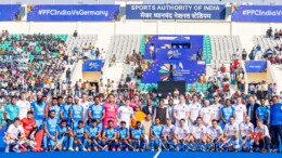 New Delhi: Union Minister Mansukh Mandaviya, along with players of India and Germany, poses for photos before the start of the first hockey match between India and Germany at Major Dhyan Chand Stadium in New Delhi on Thursday, October 24, 2024. (Photo: IANS)