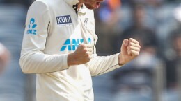 Pune: New Zealand's Mitchell Santner celebrates after taking the wicket of India's Shubman Gill during day two of the second cricket test match between India and New Zealand at the Maharashtra Cricket Association Stadium in Pune on Friday, October 25, 2024. (Photo: IANS/@BLACKCAPS)