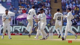 Pune: New Zealand's Mitch Santner celebrates after taking the wicket of India's captain Rohit Sharma with teammates on day three of the second cricket Test match between India and New Zealand at the Maharashtra Cricket Association Stadium in Pune on Saturday, October 26, 2024. (Photo: IANS/@BCCI)