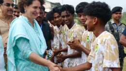 Wayanad: Congress General Secretary Priyanka Gandhi interacts with football players at the Seethi Haji Memorial Football Stadium in Edvana, Malappuram Wayanad on Tuesday October 29, 2024. (Photo: IANS)