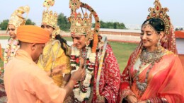 Ayodhya: Uttar Pradesh Chief Minister Yogi Adityanath welcomes and greets the artists enacting the roles of Lord Ram, Lakshman, and Sita as part of Diwali celebrations at Ram Katha Park in Ayodhya on Wednesday, October 30, 2024. (Photo: IANS)