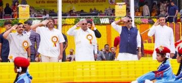 Bengaluru: Karnataka Chief Minister Siddaramaiah, Deputy Chief Minister DK Shivakumar, during the Kannada Rajyotsava program organized at Kantheerava Stadium in Bengaluru on Friday, November 01, 2024. (Photo: IANS)