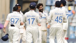 Mumbai: India's Ravindra Jadeja celebrates with teammates after the dismissal of New Zealand's Glenn Phillips during the first day of the third cricket test match between India and New Zealand at Wankhede Stadium in Mumbai on Friday, November 1, 2024. (Photo: IANS/@BCCI)