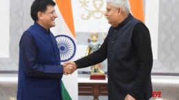 New Delhi: Union Minister of Commerce and Industry Piyush Goyal meets with Vice-President Jagdeep Dhankhar at the Vice-President’s Enclave in New Delhi on Friday, November 1, 2024. (Photo: IANS)