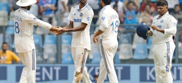 Mumbai: India's Washington Sundar celebrates the dismissal of New Zealand's captain Tom Latham with the teammates during the first day of the third cricket test match between India and New Zealand at Wankhede Stadium in Mumbai on Friday, November 1, 2024. (Photo: IANS/@BCCI)