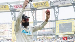 Mumbai: New Zealand's Ajaz Patel celebrates his five-wicket haul during the second day of the third cricket test match between India and New Zealand at Wankhede Stadium in Mumbai on Saturday, November 2, 2024. (Photo: IANS/@BLACKCAPS)