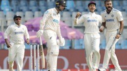 Mumbai: India's Akash Deep celebrates the dismissal of New Zealand's Devon Conway during the first day of the third cricket test match between India and New Zealand at Wankhede Stadium in Mumbai on Friday, November 1, 2024. (Photo: IANS/@BCCI)