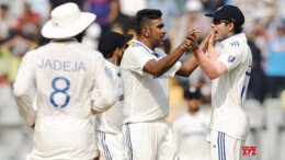 Mumbai: India's Ravichandran Ashwin celebrates with teammates after the dismissal of New Zealand's Rachin Ravindra during the second day of the third cricket test match between India and New Zealand at Wankhede Stadium in Mumbai on Saturday, November 2, 2024. (Photo: IANS/@BCCI)