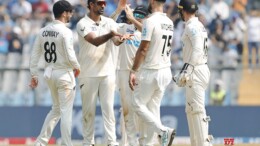 Mumbai: New Zealand's Ish Sodhi celebrates with teammates after the dismissal of India's Rishab Pant during the second day of the third cricket test match between India and New Zealand at Wankhede Stadium in Mumbai on Saturday, November 2, 2024. (Photo: IANS/@BLACKCAPS)