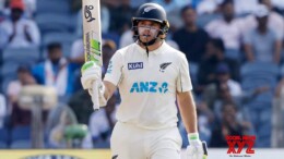 Pune: New Zealand's captain Tom Latham celebrates his half-century during day two of the second cricket test match between India and New Zealand at the Maharashtra Cricket Association Stadium in Pune on Friday, October 25, 2024. (Photo: IANS/@BLACKCAPS)